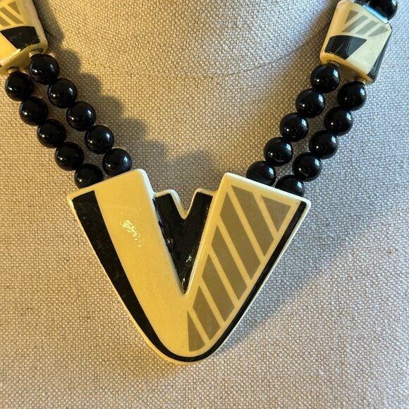 Bold Ceramic Geometric Necklace, 80s Statement Beads - Picture 4 of 9